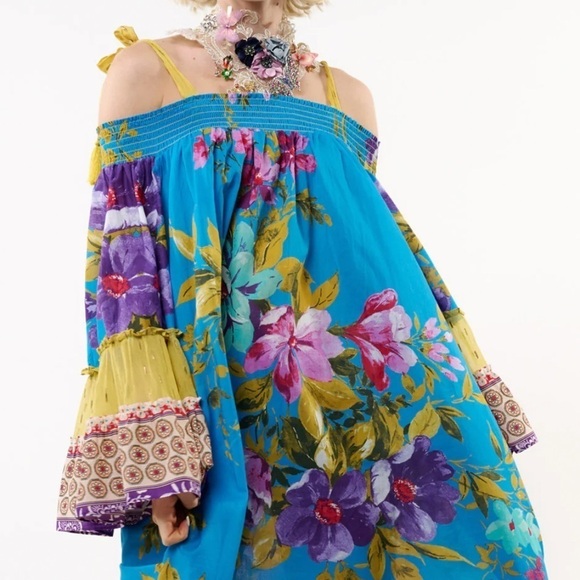 Aratta Tops - Aratta Garden of Eden Floral Off-Shoulder Tunic - Blue and Purple